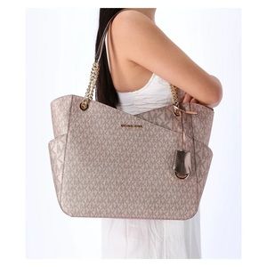 SOLD Michael Kors Jet Set Travel Large Shoulder Tote Signature MK Bag Rose Gold